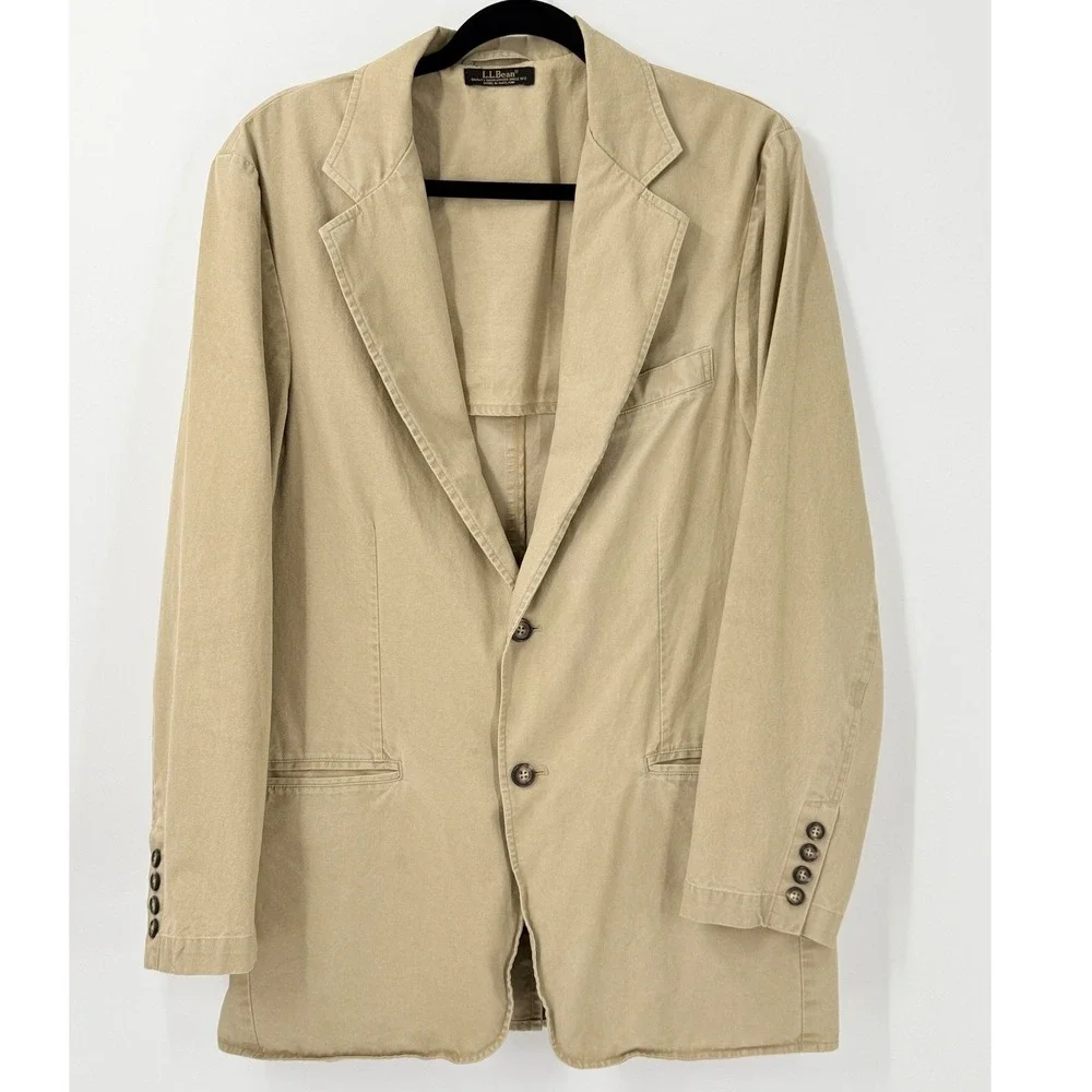 LL Bean Khaki Cotton Canvas Blazer Sport Coat Mens 38 Two Button Casual preppy